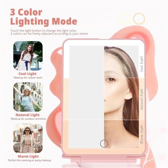 Travel Mirror for Makeup, Rechargeable Light up Pink Mirror with 72 LED Lights - Picture 3 of 8